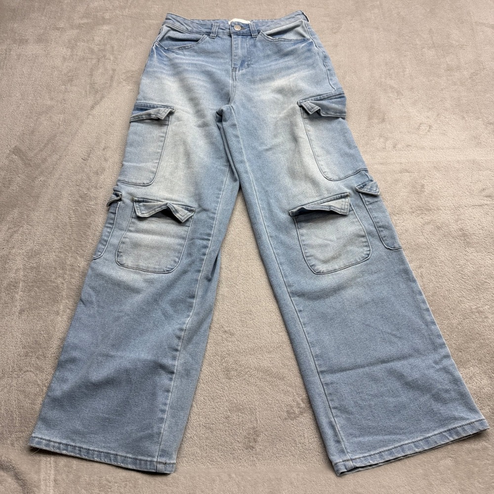 Project‎ Rebel Cargo Jeans Women's 3 Light Blue Wide Leg Multi Pocket Y2K Denim